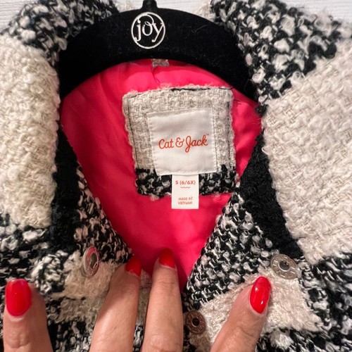 Cat & Jack Black White Buffalo Check Plaid Winter Coat with Pink Lining- SZ 6x - Picture 2 of 4