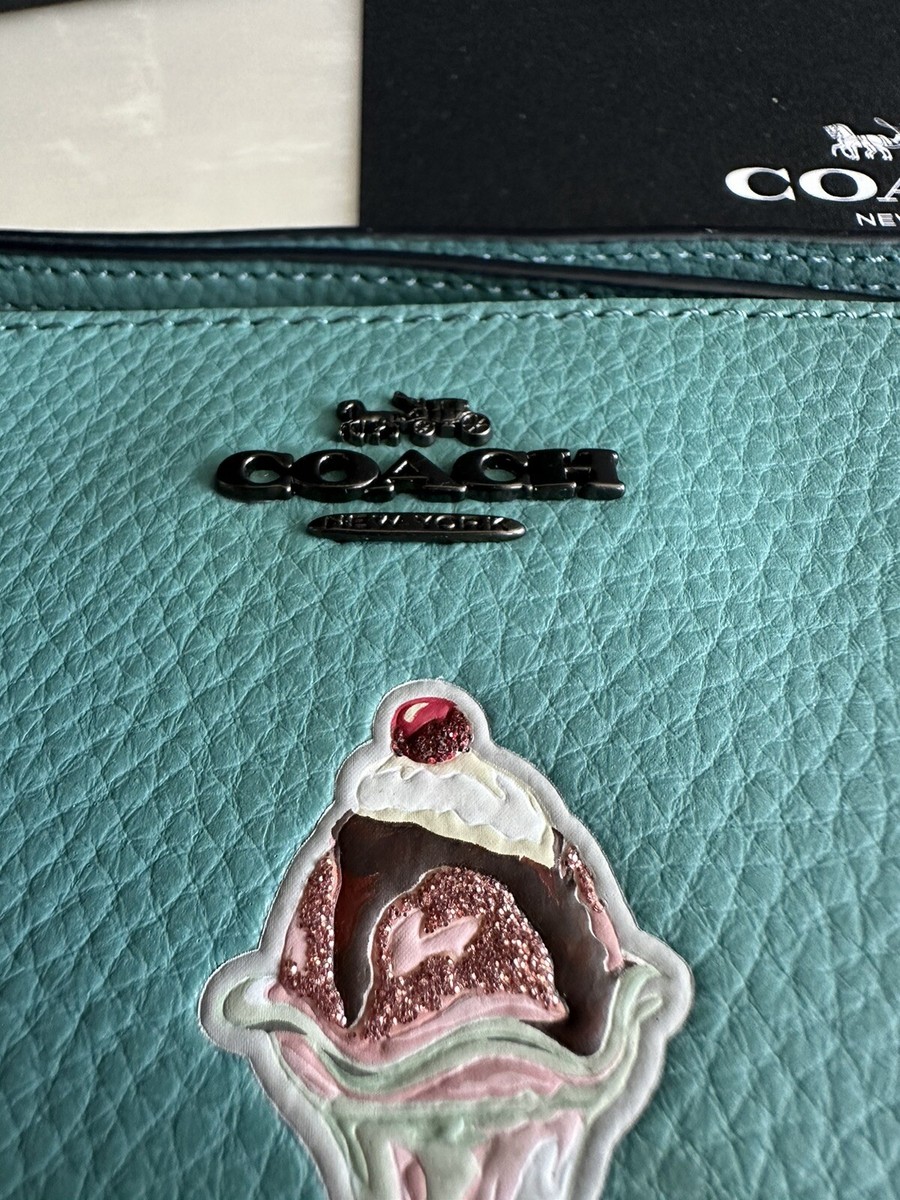NWT COACH TEAL PEBBLE LEATHER ICE CREAM SUNDAE CORNER ZIP WRISTLET