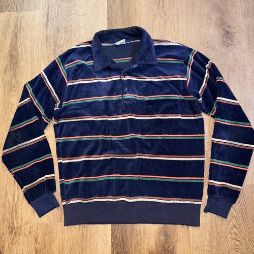 Vintage 60s 70s Campus Shirt Velour Skate Surf Striped Hipster Disco Mens Medium - Picture 6 of 17