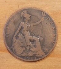 1911 King George V One Penny 1d coin - First Year of Issue - Poor.