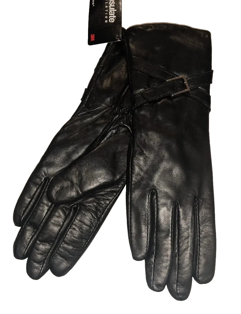 Women's Thinsulate Buckle Cuff Gloves Leather Gloves, Small, Black.