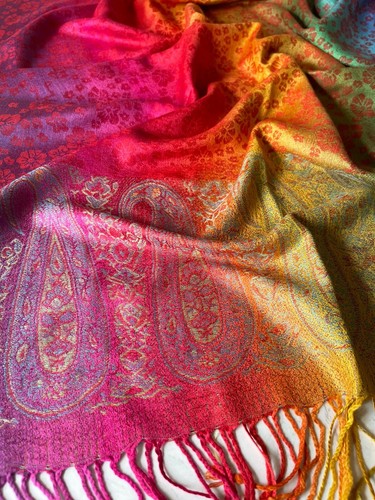 Large Multi Colour Leaf Paisley Print Pashmina Shawl Scarf Wrap Bright Rainbow - Picture 237 of 1,026