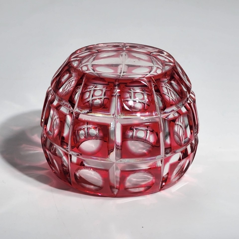 Bohemian Cut to Clear Ruby Red Rose Small Bowl Vases Decorative Glass