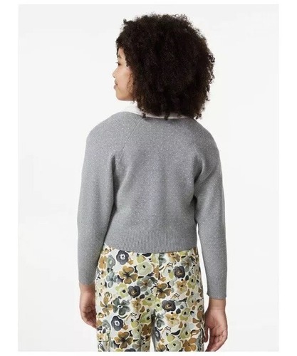 Girls Boxy Cropped Cardigan, Size S 6-6X Heather Gray +White Detail Button Front - Picture 3 of 6