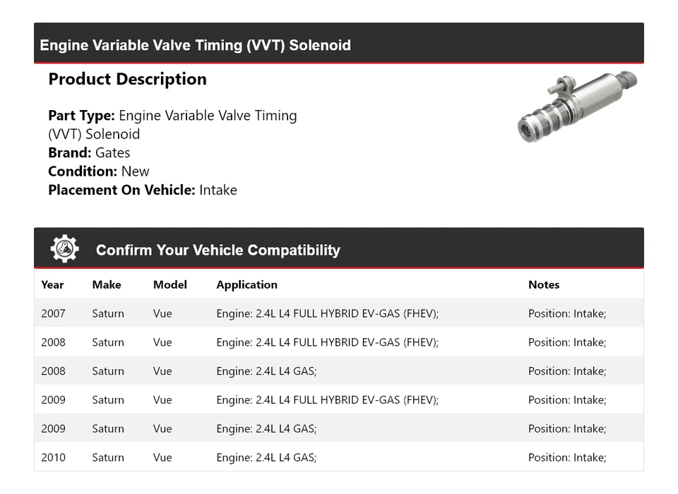 Puertas de admisión de solenoide VVT para motor Saturn Vue 2007-2010 2008 2009 Foto 2 de 4
