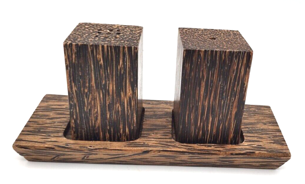 Vintage Palm Wood Salt & Pepper Shakers w/ Holder, Cube, Modern Art Deco, Wooden