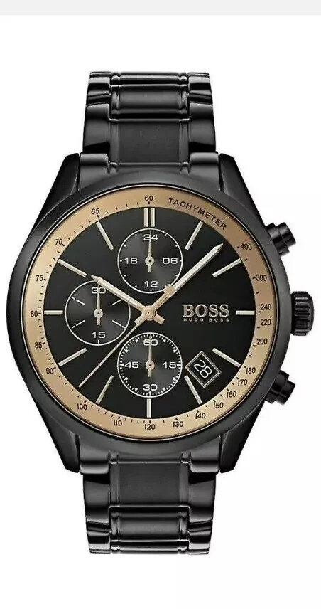 Hugo Boss HB1513578 Grand Prix Mens Black Dial Chrono Stainless Watch + Gift Bag