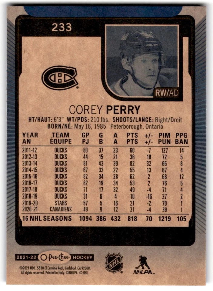 2021-22 O-Pee-Chee Blue Corey Perry #233 Montreal Canadiens - Image 2 of 2