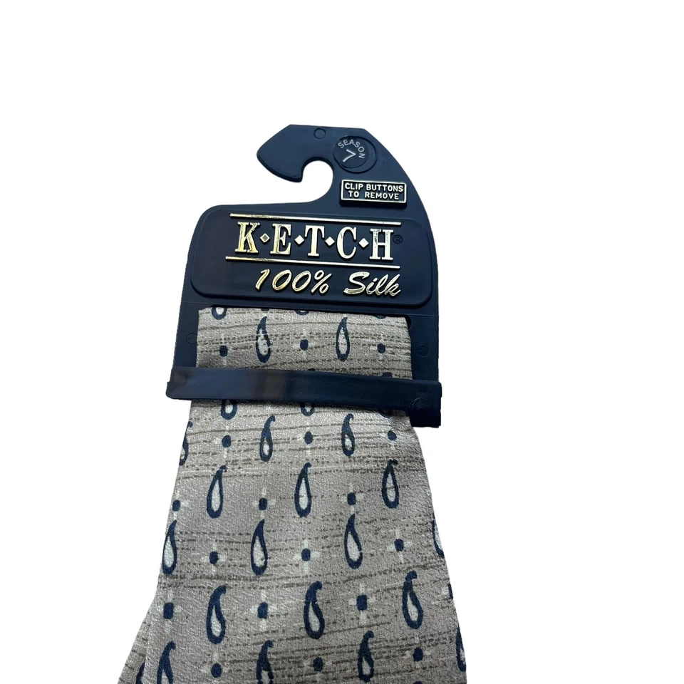 Ketch Men’s Tan Navy and White Paisley Dot Pattern 100% Silk Classic Neck Tie - Image 3 of 4