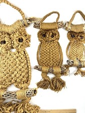 VTG 70s Retro Owl Jute or Hemp Macram&eacute; Hanging Wall Art D&eacute;cor SET OF THREE 24"