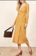 Reformation dress Maurie Wrap Midi Dress in Yellow jeans Sz: XS Long Sleeve Soft