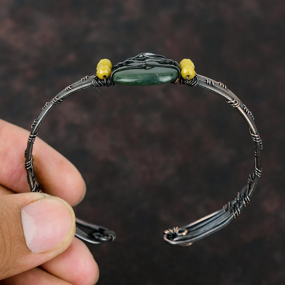 Brazalete envuelto en alambre de cobre cuentas de coral amarillo jade verde natural chakra corazón Foto 3 de 4