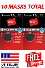 Hanes 100% Cotton Fabric Reusable Face Mask Washable Comfortable 10 Masks BLACK