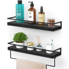Floating Shelves Wall Mounted Set Of 2 With Towel Bar Rustic Wood Black