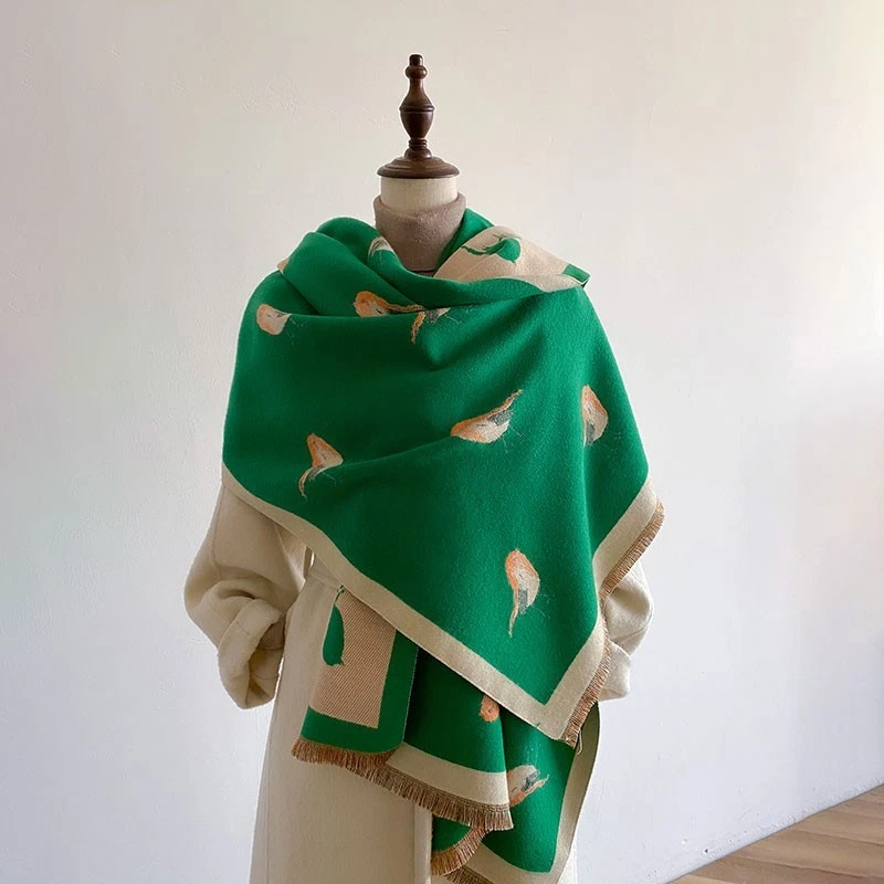 Lujosa bufanda chal tejida de lana con motivo de pájaro unisex envoltura de invierno Foto 2 de 4