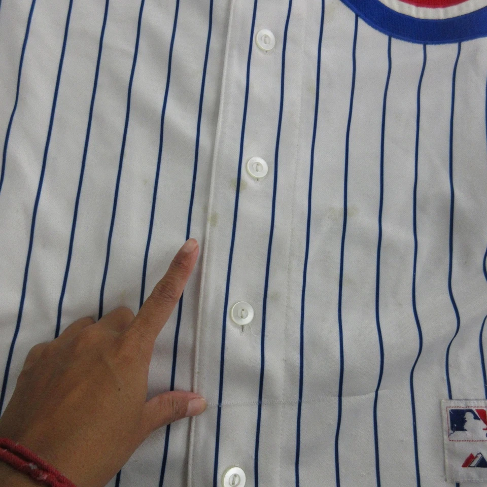 Camiseta deportiva juvenil de los Chicago Cubs MLB blanca azul béisbol Soriano 12 botones a rayas Foto 3 de 4