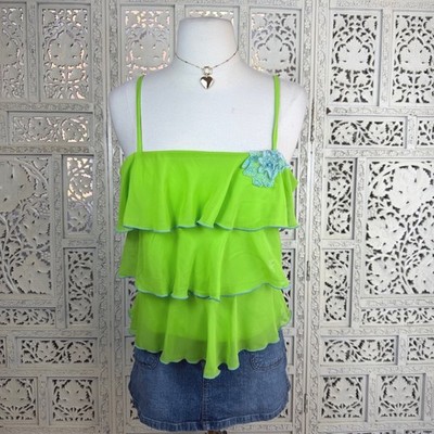 Vtg Green & Blue My Michelle Tiered Floral Tank Top Sz M Fairy Mermaid Angel
