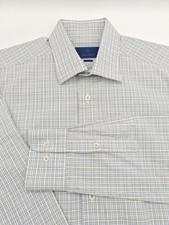 🇺🇲 David Donahue Men's Trim Fit Cotton Dress Shirt 16.5x35 Green Blue Check  