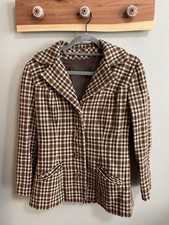 Brown Ivory Plaid Women's Blazer Jacket with Buttons and Pockets