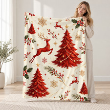 Red Trees Reindeer Holly Snowflakes Coral Fleece Blanket