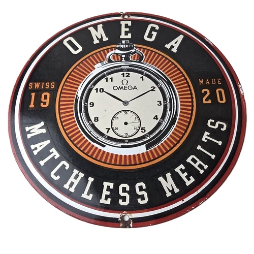 Vintage Omega Watches Sign - Matchless Merits Store Display Gas Porcelain Sign