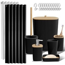 Black Bathroom Set: Curtain, Hooks, Holder, Soap Dish, Trash Can