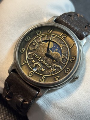 Vintage La Express 35mm Silver Tone Moon And Sun Watch,Date,Leather Band,New Bat