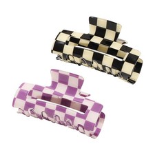 2 Pcs Large Checkered Hair Claw Clips Checker Jaw 8 x 4cm, Black Purple