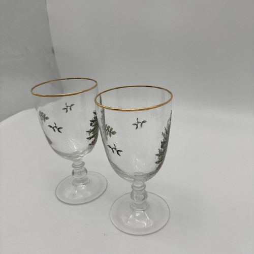 Spode Christmas Tree 16 Ounces Pedestal Goblets with Gold Rims, Set of 2 MINT - Picture 8 of 10