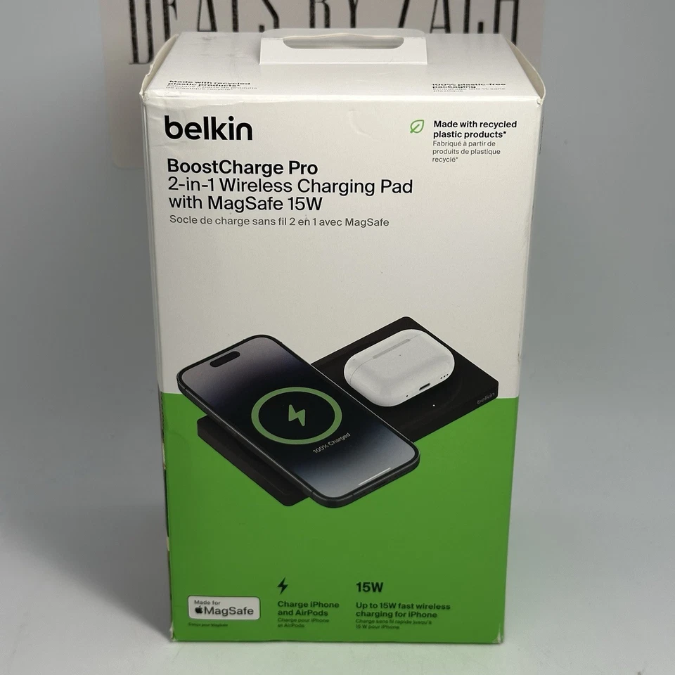 Belkin BoostCharge Pro 2-in-1 Black Wireless Charging Pad with MagSafe 15W New! - Image 2 of 4