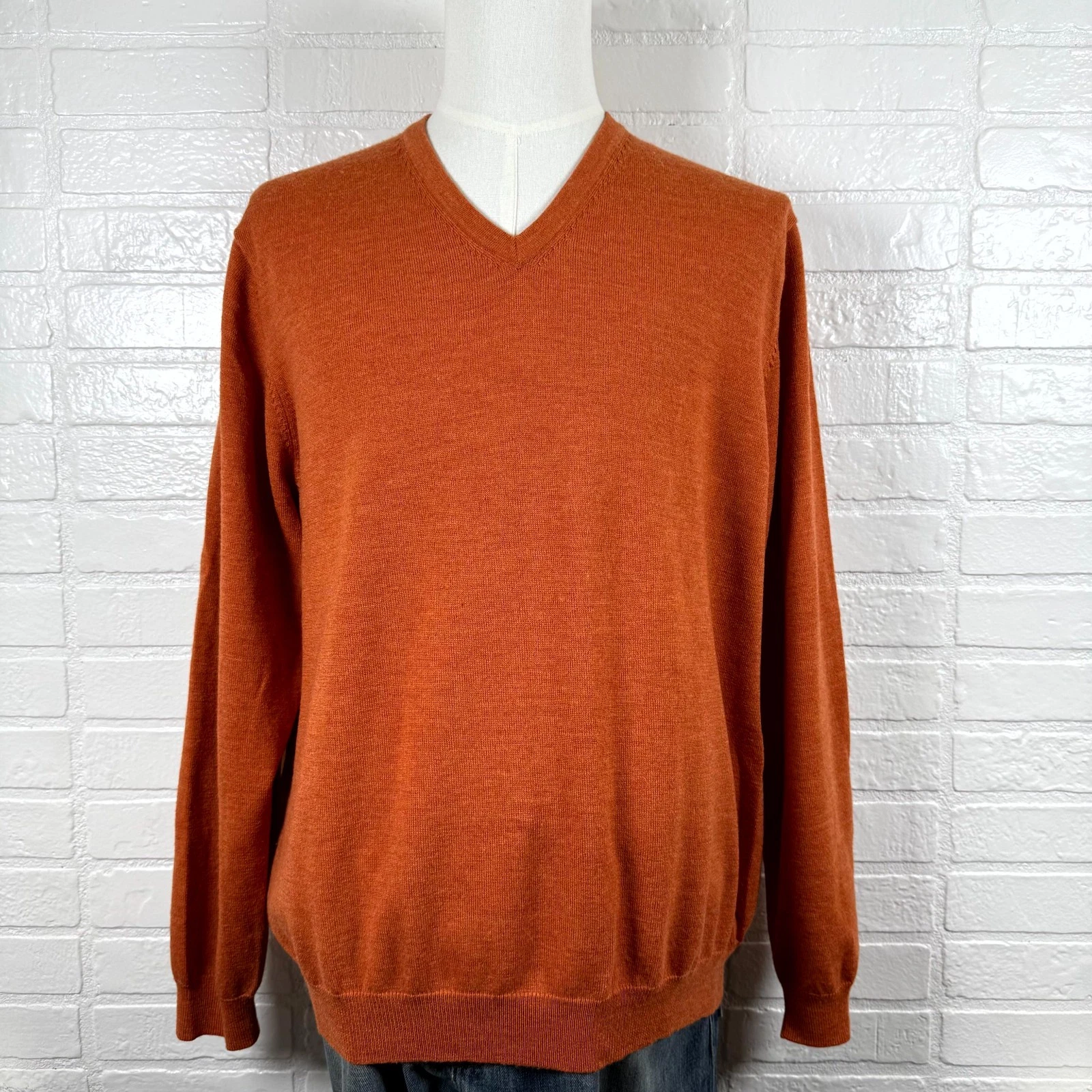 Brooks Brother Sweater Men XL Orange Merino Wool Blend Knit V-Neck Office Casual