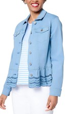 Susan Graver Women's Embroidered Peplum Stretch Denim Jacket MedBlue