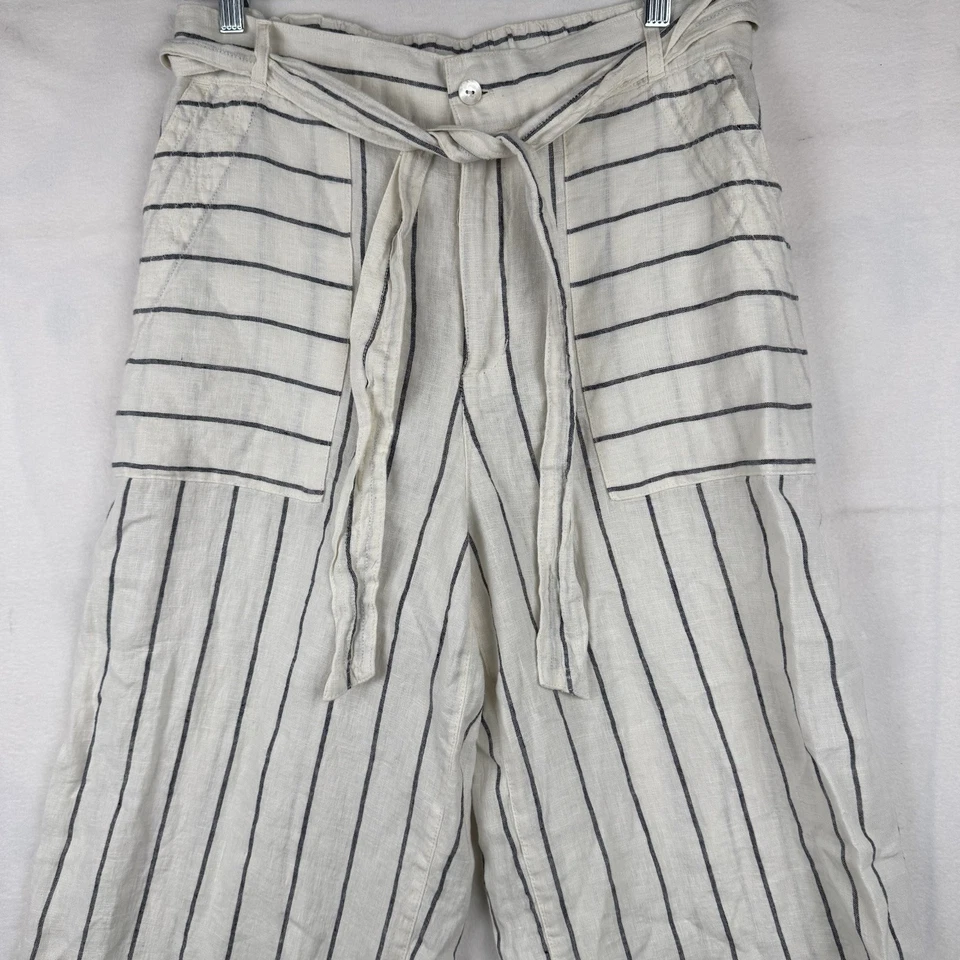 Pantalones para mujer H by Halston 100 % lino pierna ancha azul blanco roto a rayas talla 10 Foto 4 de 4