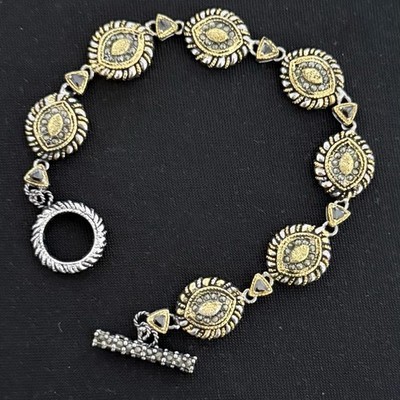 Antique-Style Two-Tone Marcasite OvalLink Bracelet   Vintage Boho Toggle Design
