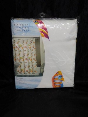 Maytex Mills White Aqua Blue Tropical Fish Fabric Shower Curtain NEW 70 x 72''