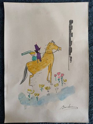 LUDWIG BEMELMANS drawing and painting on old paper signed stamped vintage
