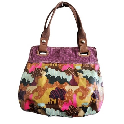 Vintage Fossil Key-Per Floral Tote Bag Canvas & Leather Trim Multicolor Purse 