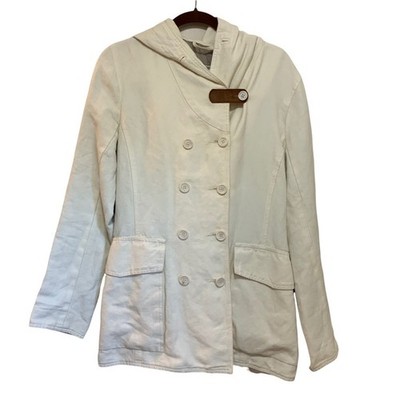 M 0851 Double Breasted Leather Tab Cream Colored Jacket with Hood size 8