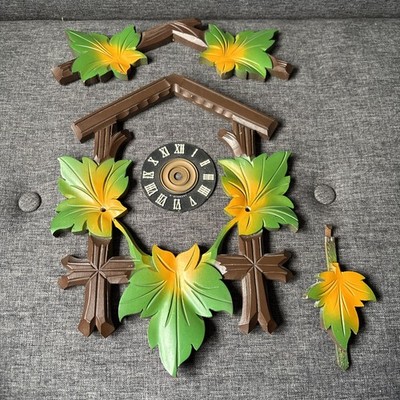 Vintage deutsches Kuckuck Wanduhr Zifferblatt, Blatt Design Holzpendel, Rahmen Ersatzteile