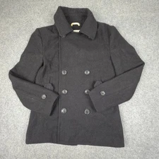 Superdry Pea Coat mens LARGE Black Wool Long Sleeve Commodity Winter Size L