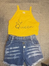 SHEIN Girls Size 100 2-Piece Graphic Tank Blue Denim Shorts Set Yellow