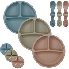 3 Pack Toddler Plates with Spoons 100 Percent Silicone Divided Suction Plates