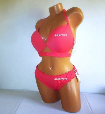 VICTORIA SECRET Swim 36DD Push Up Top Bikini Set +1 Cup Ruffle Cheeky Coral Pink