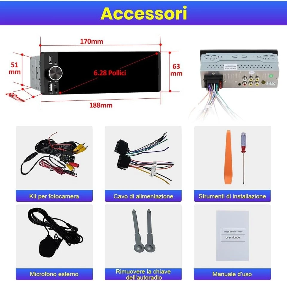 Autoradio 1 DIN con Schermo Wireless CarPlay & Android Auto Bluetooth FM AM RDS - Immagine 4 di 4