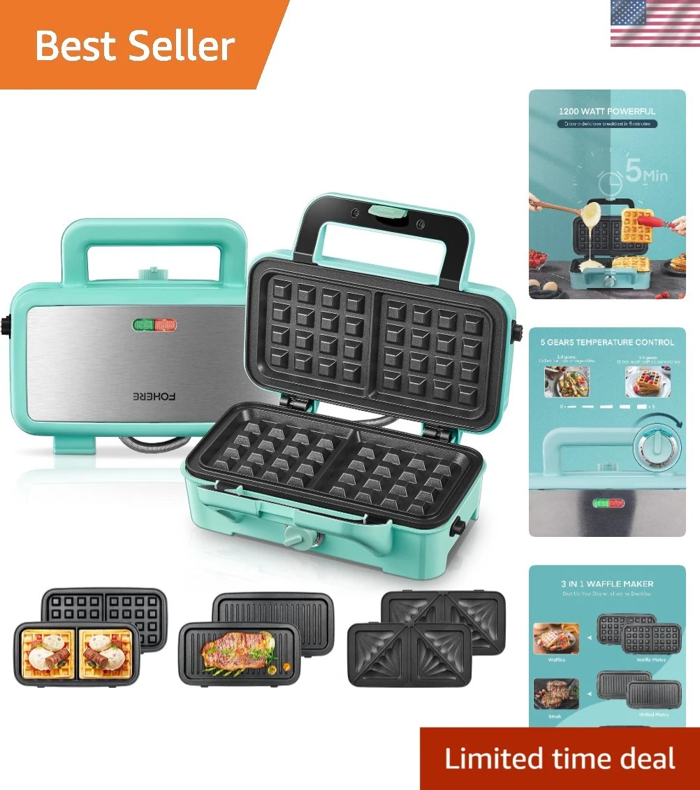 Portable 1200W Waffle & Sandwich Maker - Fast, Removable Plates for Easy Cooking