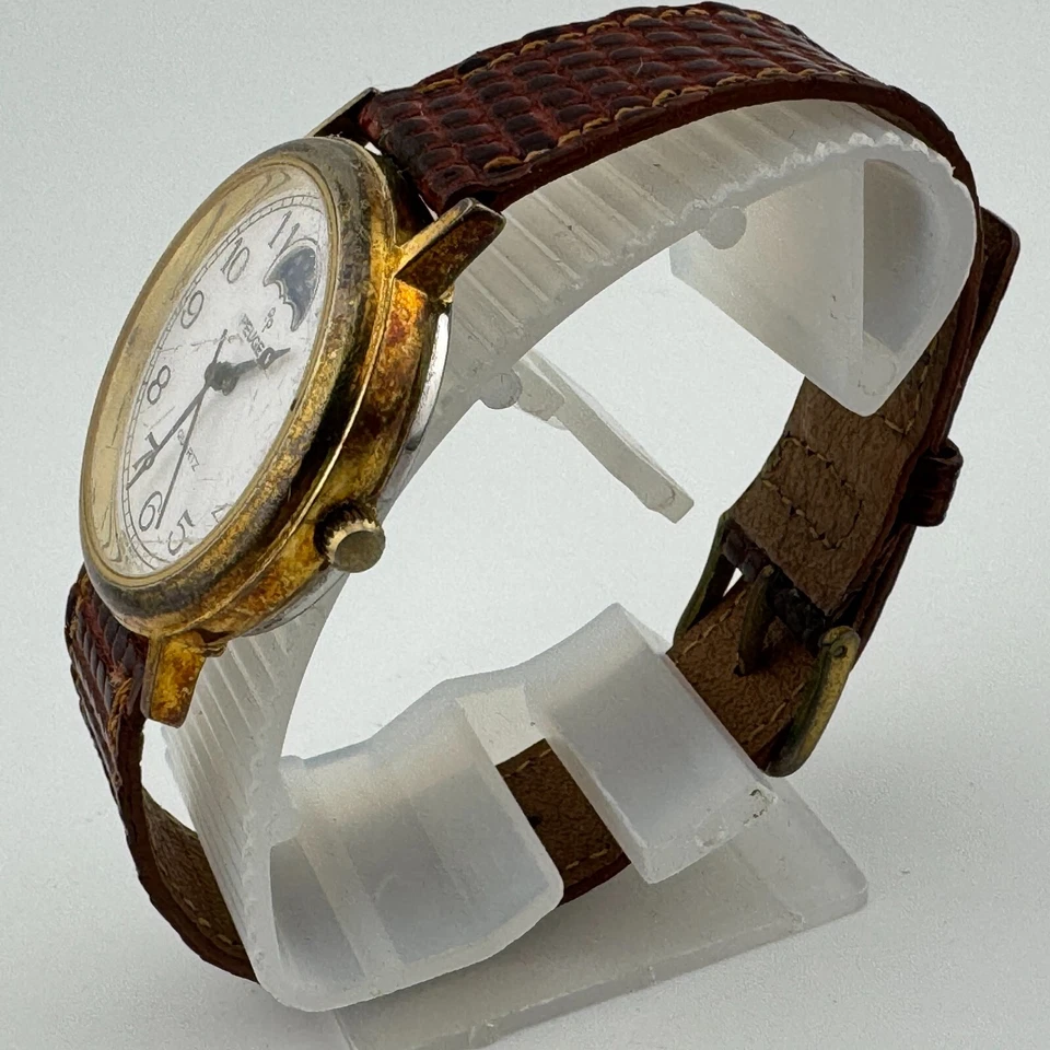 VTG Peugeot Quartz Watch Men Gold Tone Moon Phase Leather Band ~For Parts Repair Foto 4 de 4