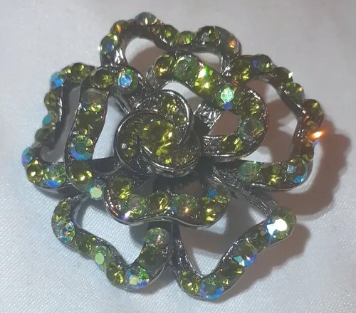 BROOCH AURORA BOREALIS RHINESTONE ROSE FLOWER PENDANT GRANNYCORE Green - Picture 3 of 6