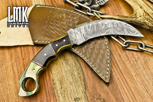 LMK Handmade Karambit Knife Twist Damascus Bull Horn Wooden Bolster Decoration - Picture 5 of 9