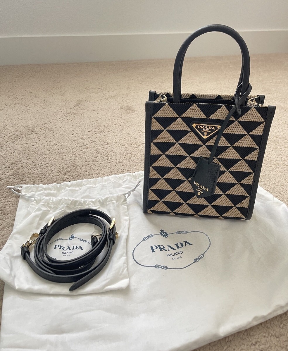 Prada Symbole Black Beige Embroidered Fabric Mini Jacquard Prada Symbole Black Beige Embroidered Fabric Mini Jacquard