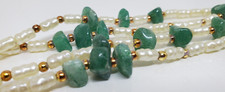 Faux Pearl Jade Necklace Green White Gold Tone Beads 32" Long